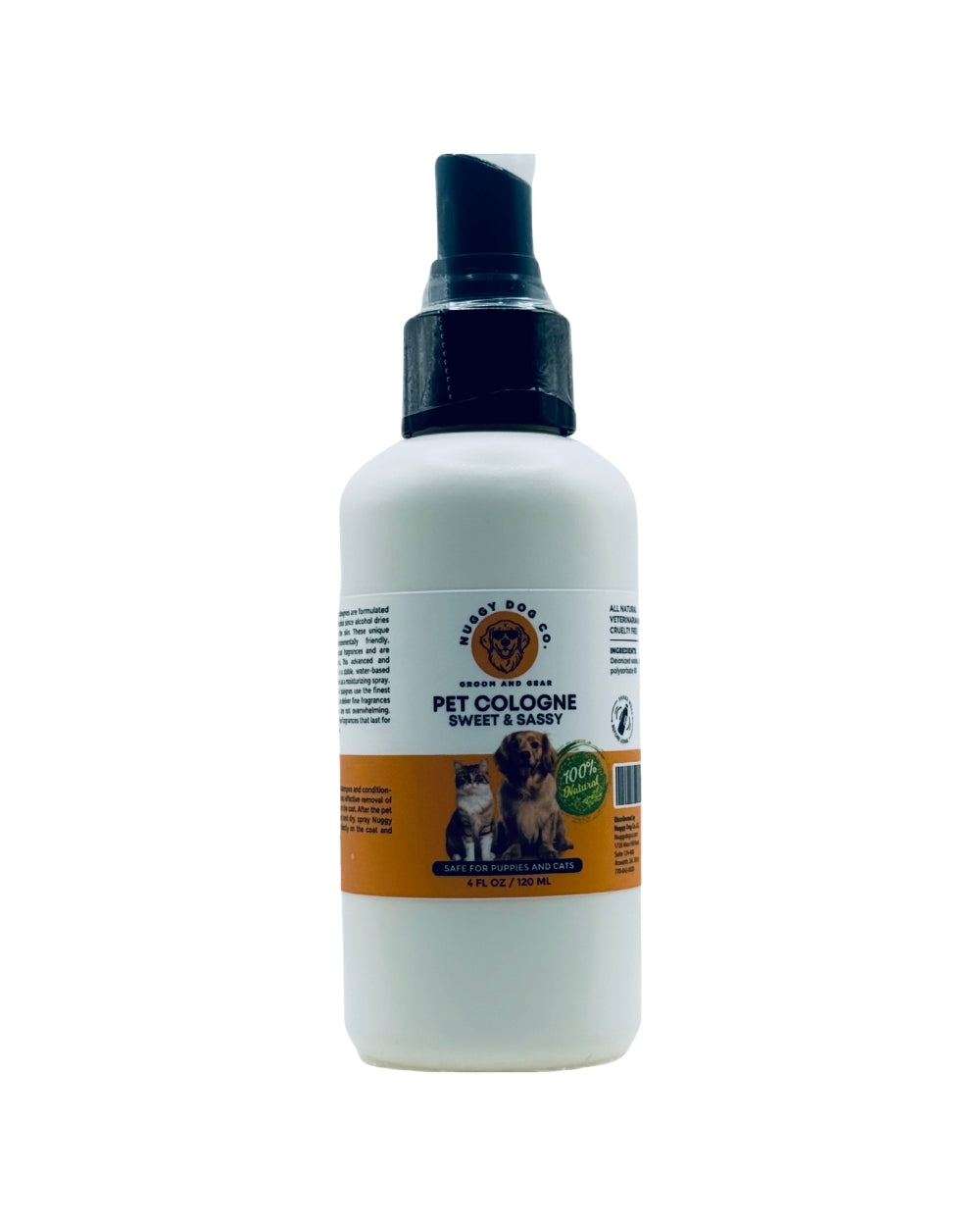 White bottle of pet cologne with a black spray nozzle on a white background