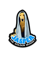 Bath Time Jasper sticker featuring a golden retriever with a towel, 2.25 × 3 in