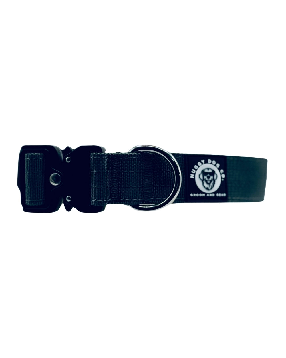 Black dog collar with a visible brand logo on a white background