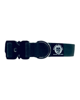 Black dog collar with a visible brand logo on a white background