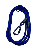 Blue dog leash with black carabiner on a white background
