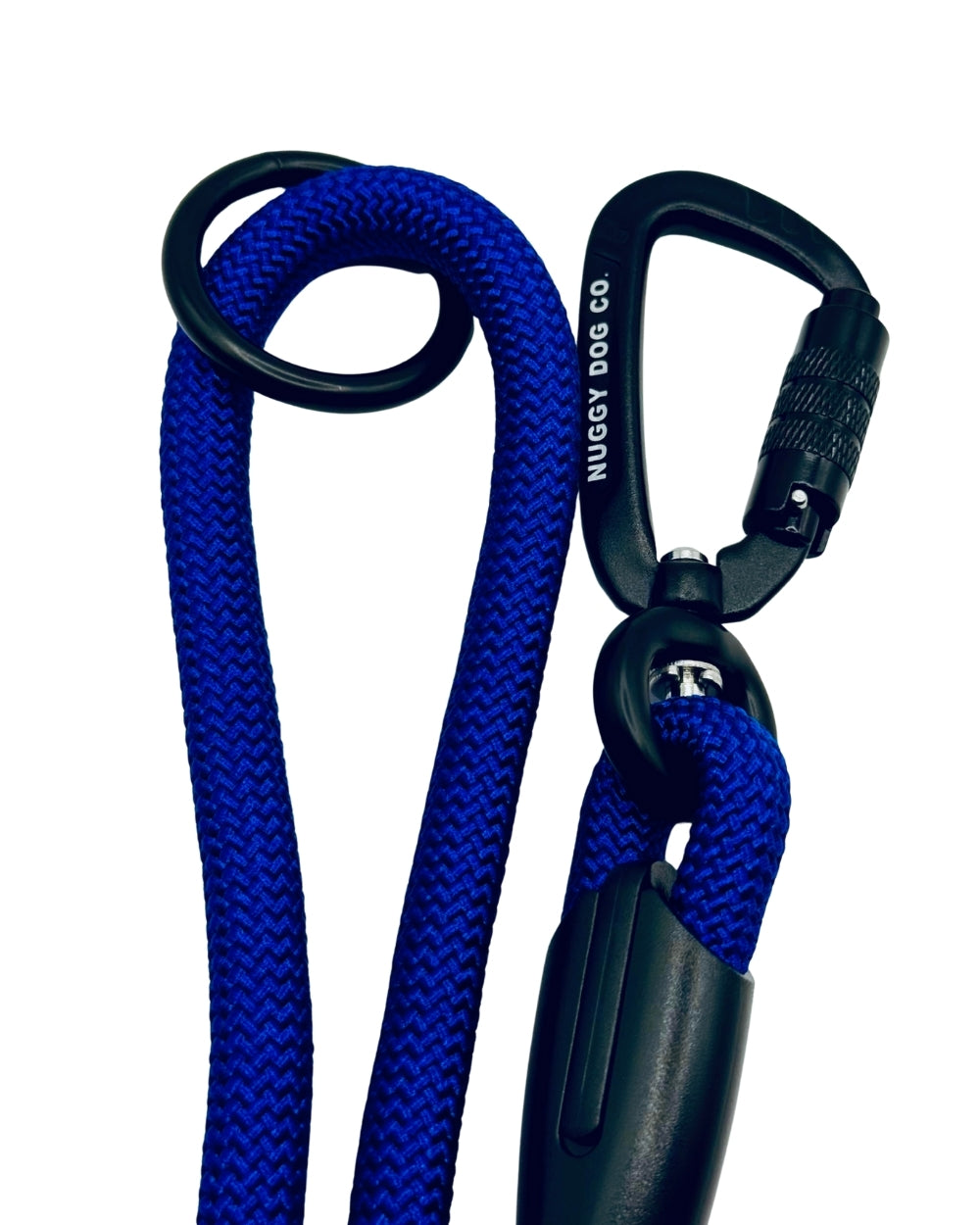 Blue dog leash with black carabiner and Nuggy Dog Co branding on a white background