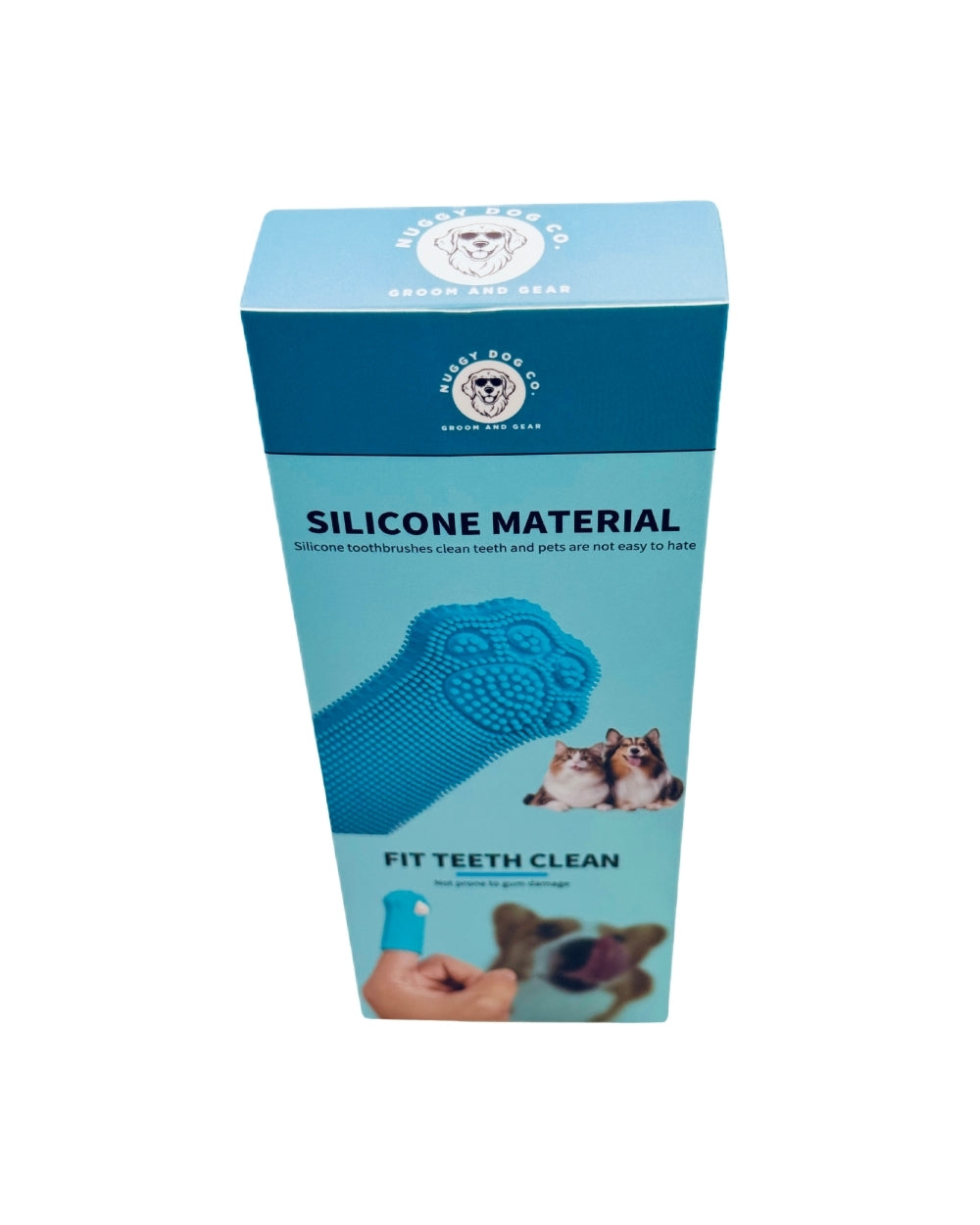 Blue packaging of a pet dental cleaning product with text and images of pets on a white background.