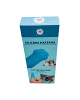 Blue packaging of a pet dental cleaning product with text and images of pets on a white background.