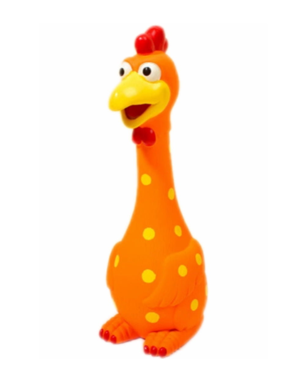 Orange plush toy with yellow polka dots and a red crest on a white background