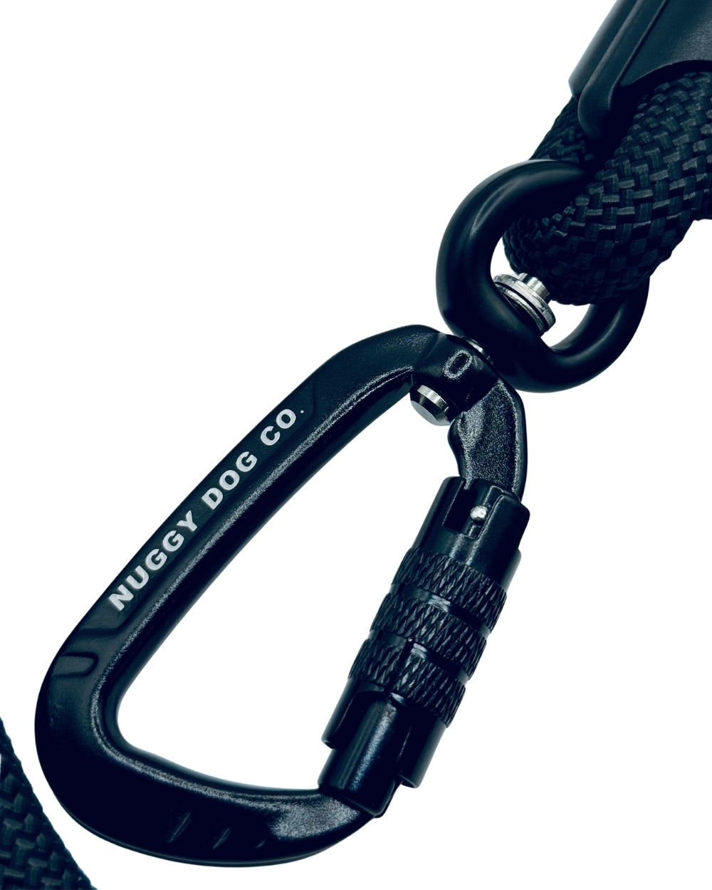 Close-up of a black carabiner with 'Nuggy Dog Co' branding on a white background