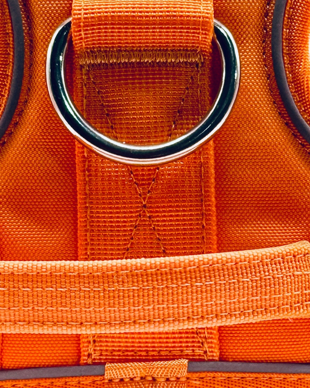 Close-up of an orange strap with a metal ring and stitching details.