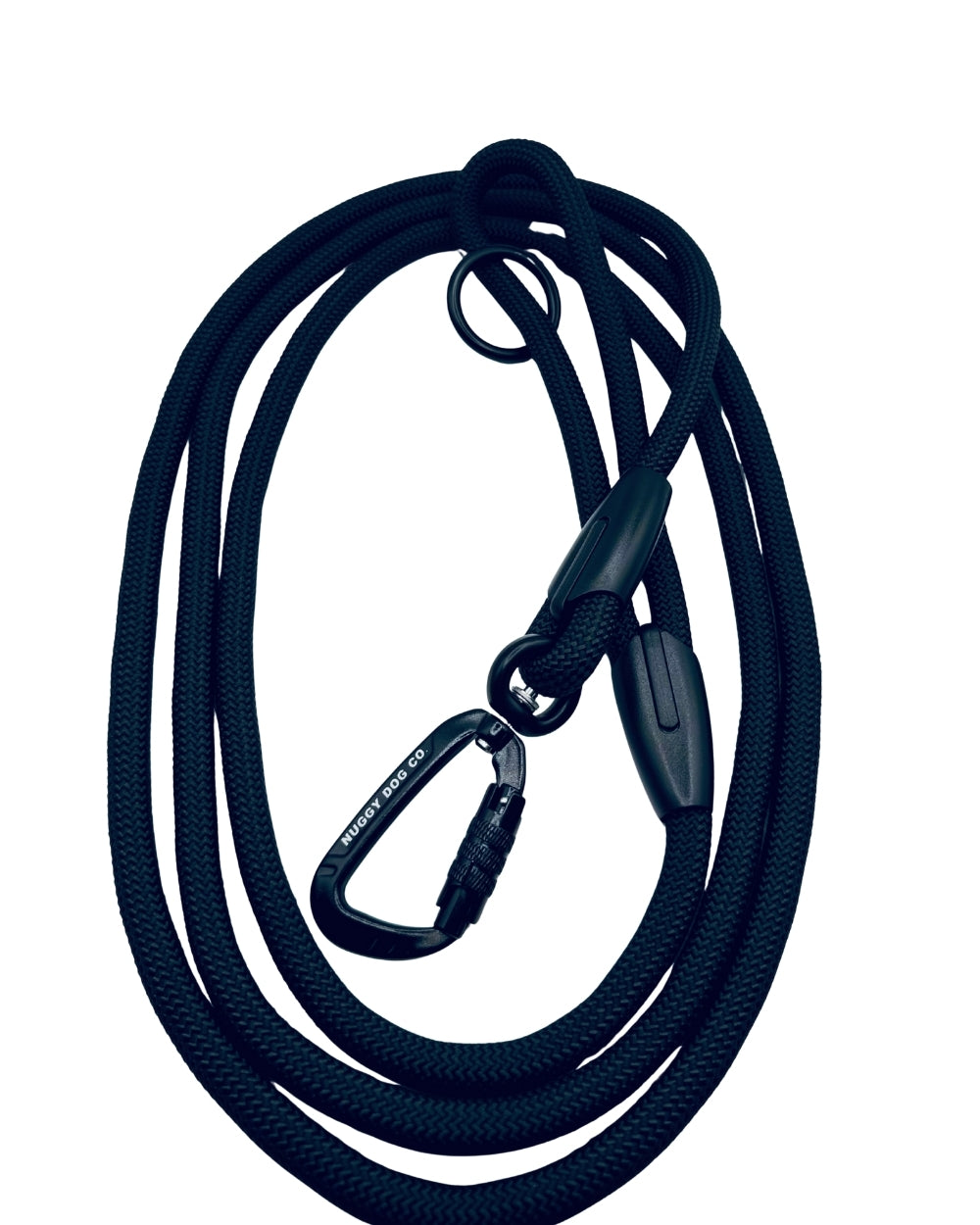 Coiled navy blue rope with a carabiner on a white background