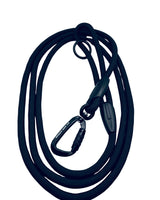 Coiled navy blue rope with a carabiner on a white background