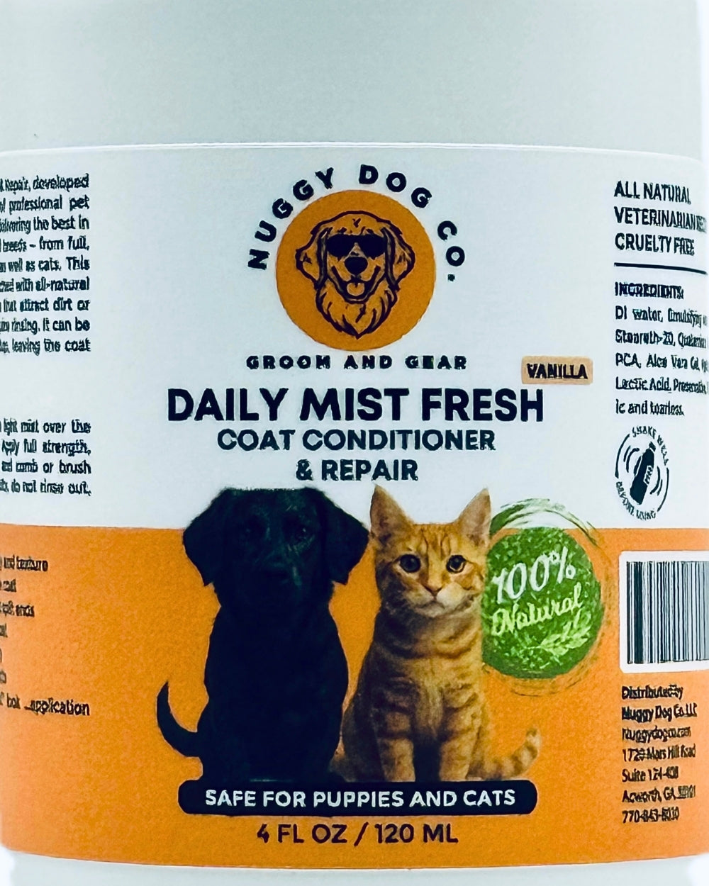 Nuggy Dog Co. Daily Mist Fresh Coat Conditioner & Repair bottle label with a dog and cat on an orange background.