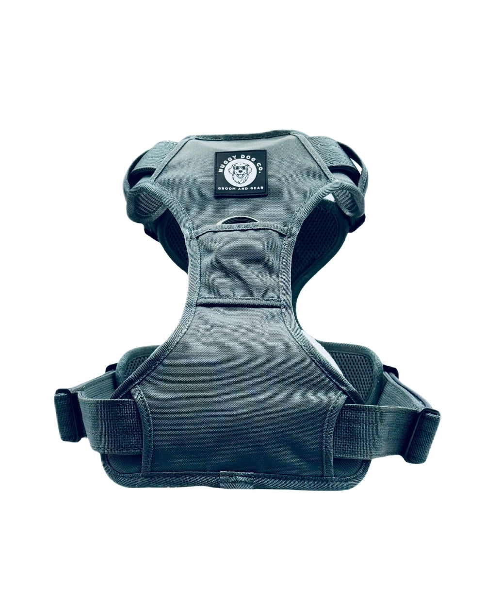 Gray dog harness with a visible brand logo on a white background