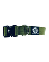 Green dog collar with a brand logo on a white background