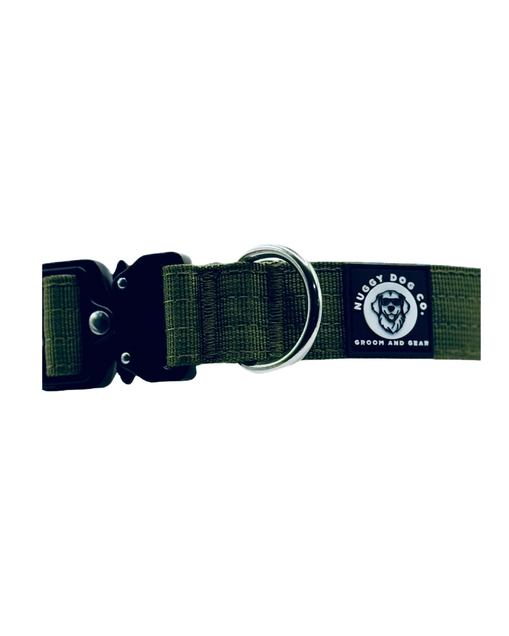 Green dog collar with a brand logo on a white background
