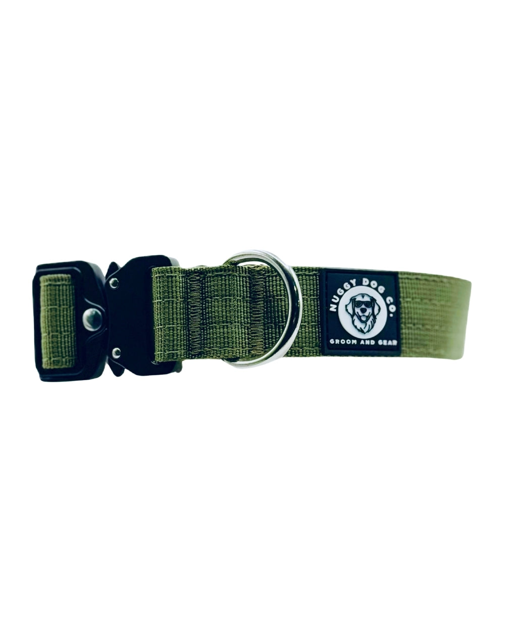 Green dog collar with a brand label on a white background