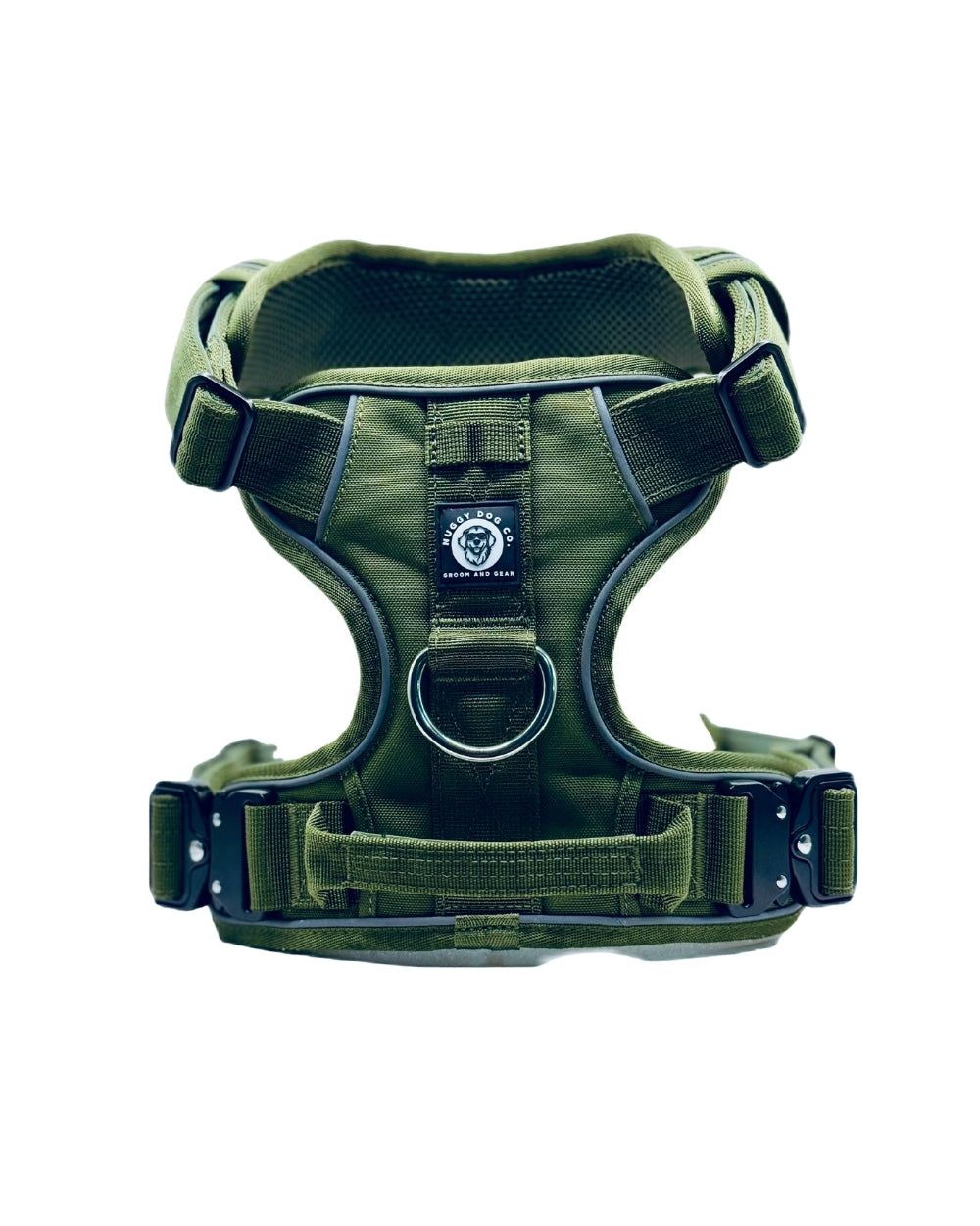 Green dog harness on a white background