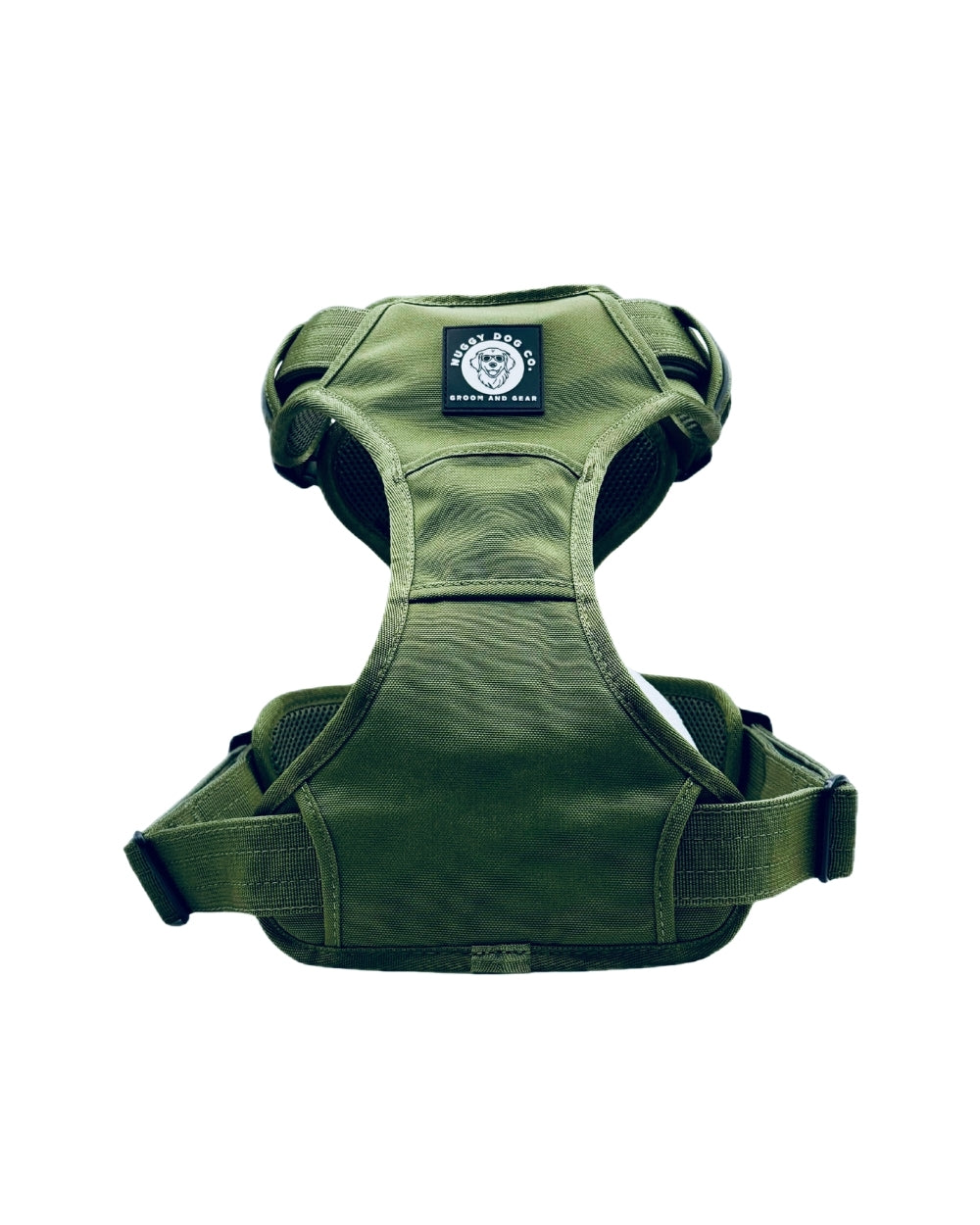 Green dog harness with a brand label on a white background