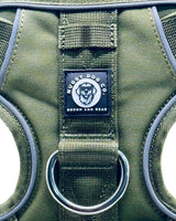 Green dog harness with a visible brand label on a close-up view