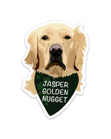 Jasper Golden Nugget sticker featuring golden retriever with bandana, 2.75 × 4 in