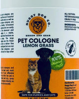 Nuggy Dog Co. pet cologne label with a dog and cat illustration on an orange background.