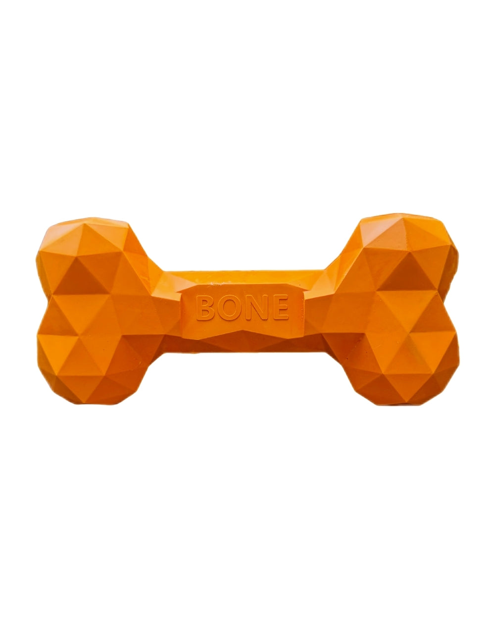 Orange dog toy shaped like a bone on a white background