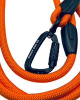 Orange dog leash with black carabiner on a white background
