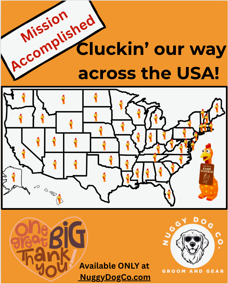 Map showing Camp Clucker squeaky chicken dog toy shipped to all 50 U.S. states by Nuggy Dog Co

