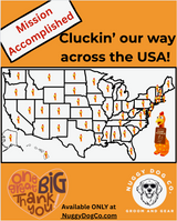 Map showing Camp Clucker squeaky chicken dog toy shipped to all 50 U.S. states by Nuggy Dog Co
