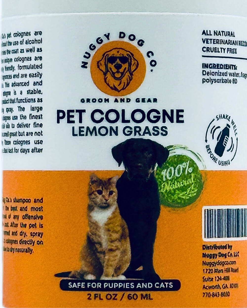 Pet cologne container with a black dog and orange cat on an orange background, featuring Nuggy Dog Co branding.