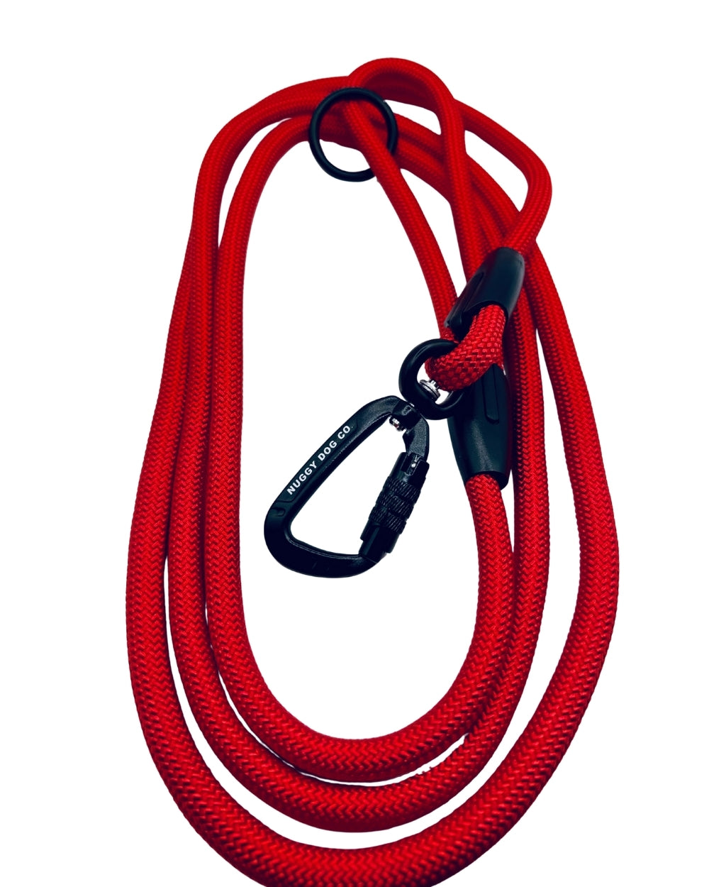 Red dog leash with black carabiner on a white background