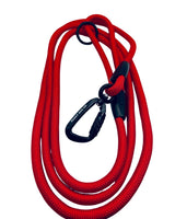 Red dog leash with black carabiner on a white background