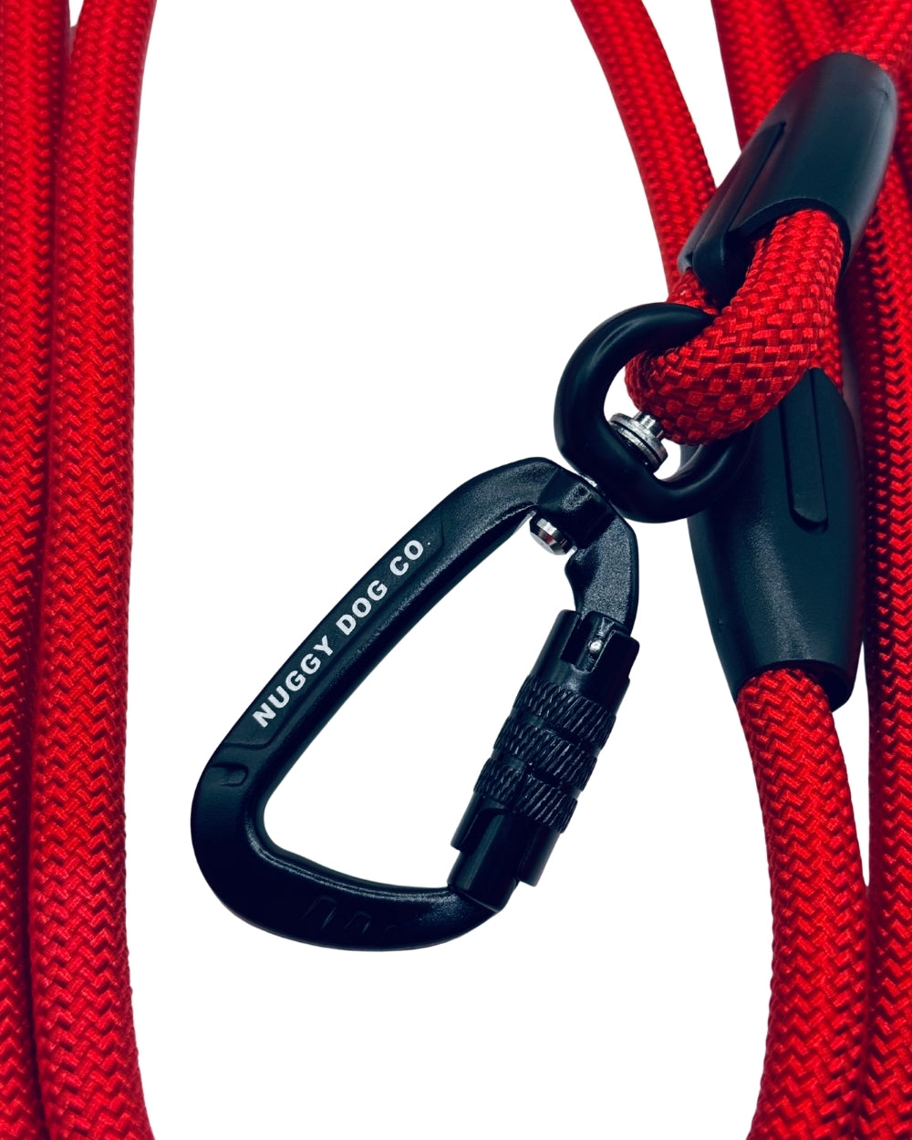 Red dog leash with black carabiner on a white background