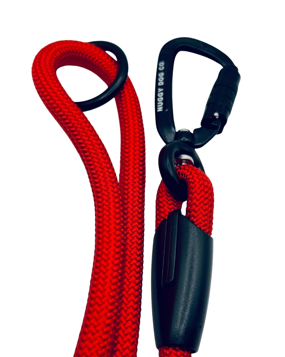 Red rope with black carabiner and clip on a white background