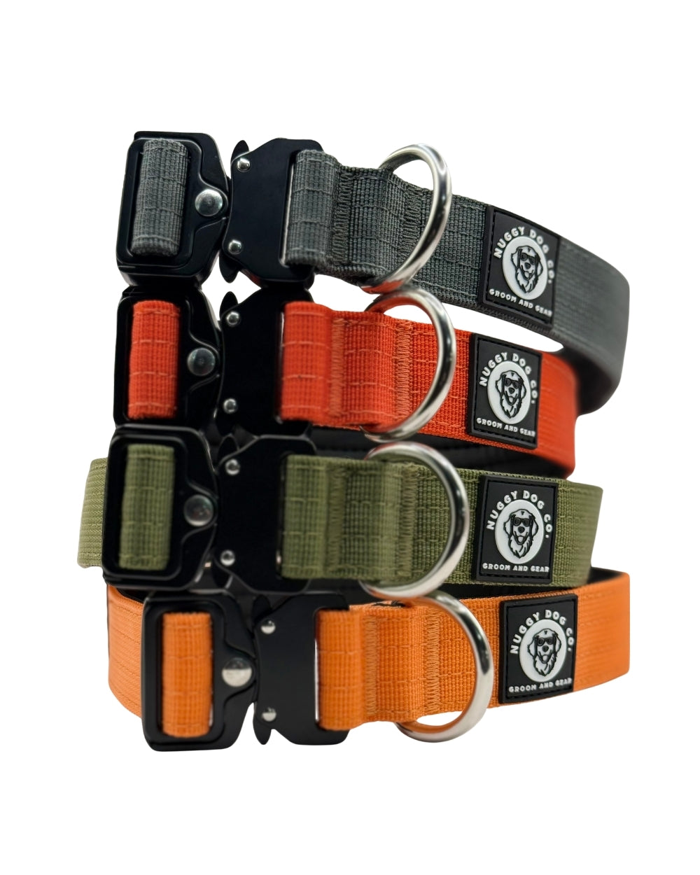 Set of dog collars in black, orange, and green with metal rings on a white background.