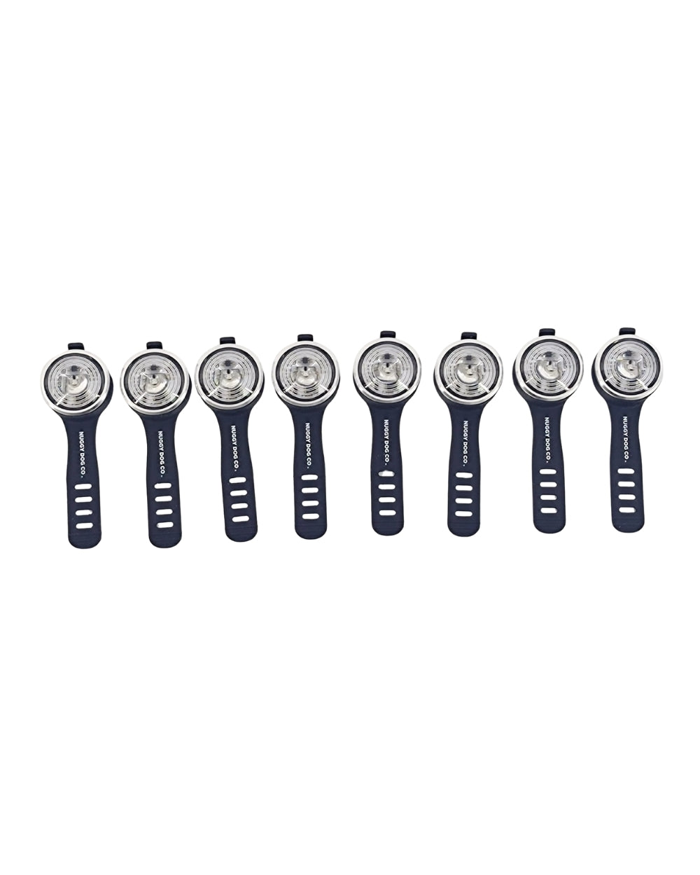Set of eight identical tools with black handles and silver heads on a white background