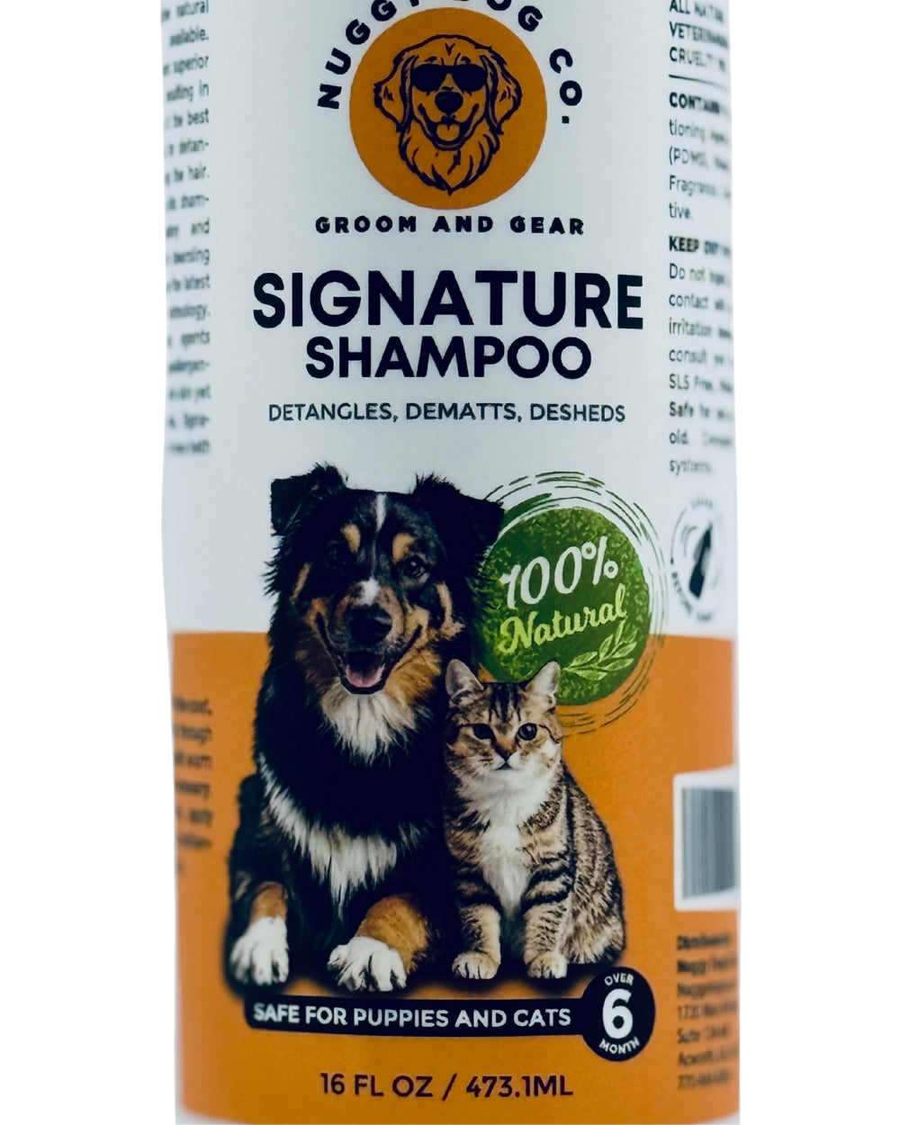 Dog and cat on a Nuggs & Co. shampoo bottle label
