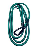 Teal dog leash with black clip on a white background