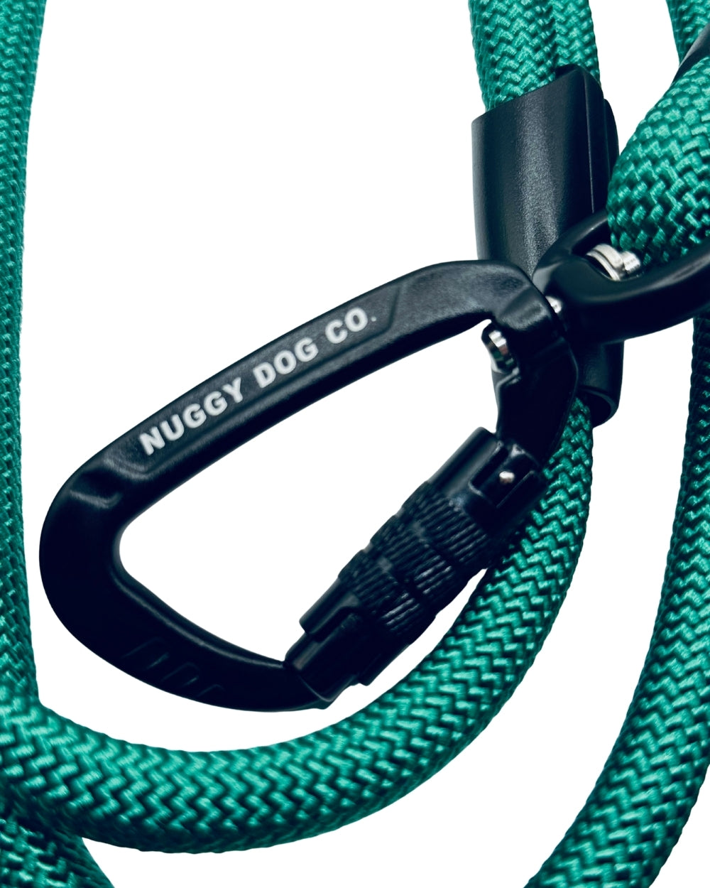 Teal dog leash with black carabiner and Nuggy Dog Co. branding on a white background