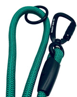 Teal dog leash with black carabiner and clip on a white background