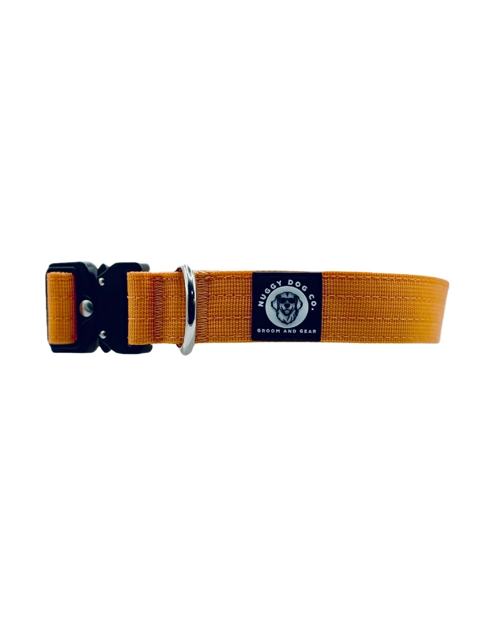 Orange dog collar with a black buckle on a white background