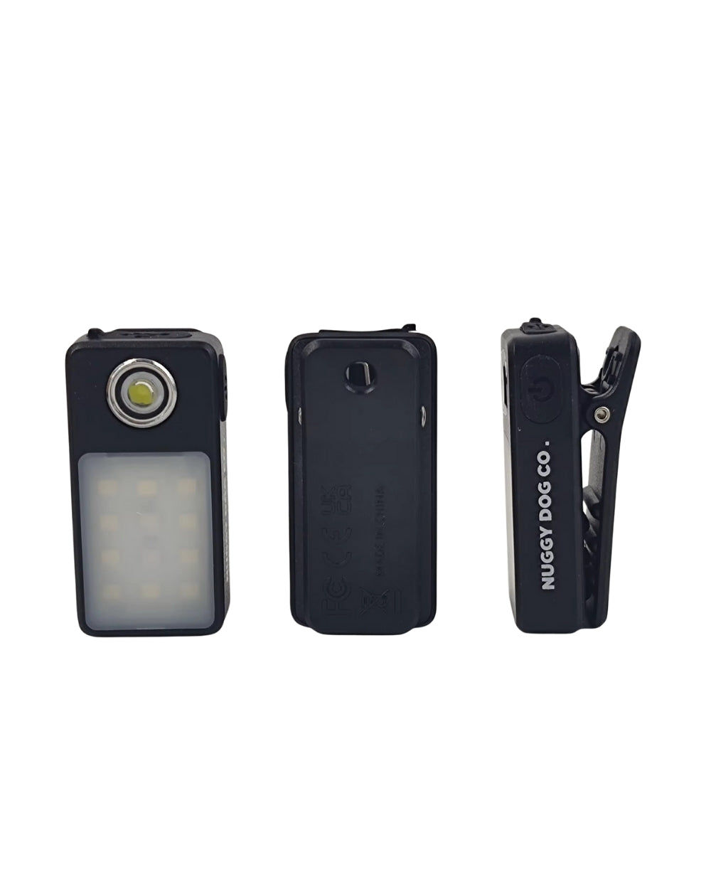 Nuggy Dog Co. Clip-On Trail Light shown from front, back, and side