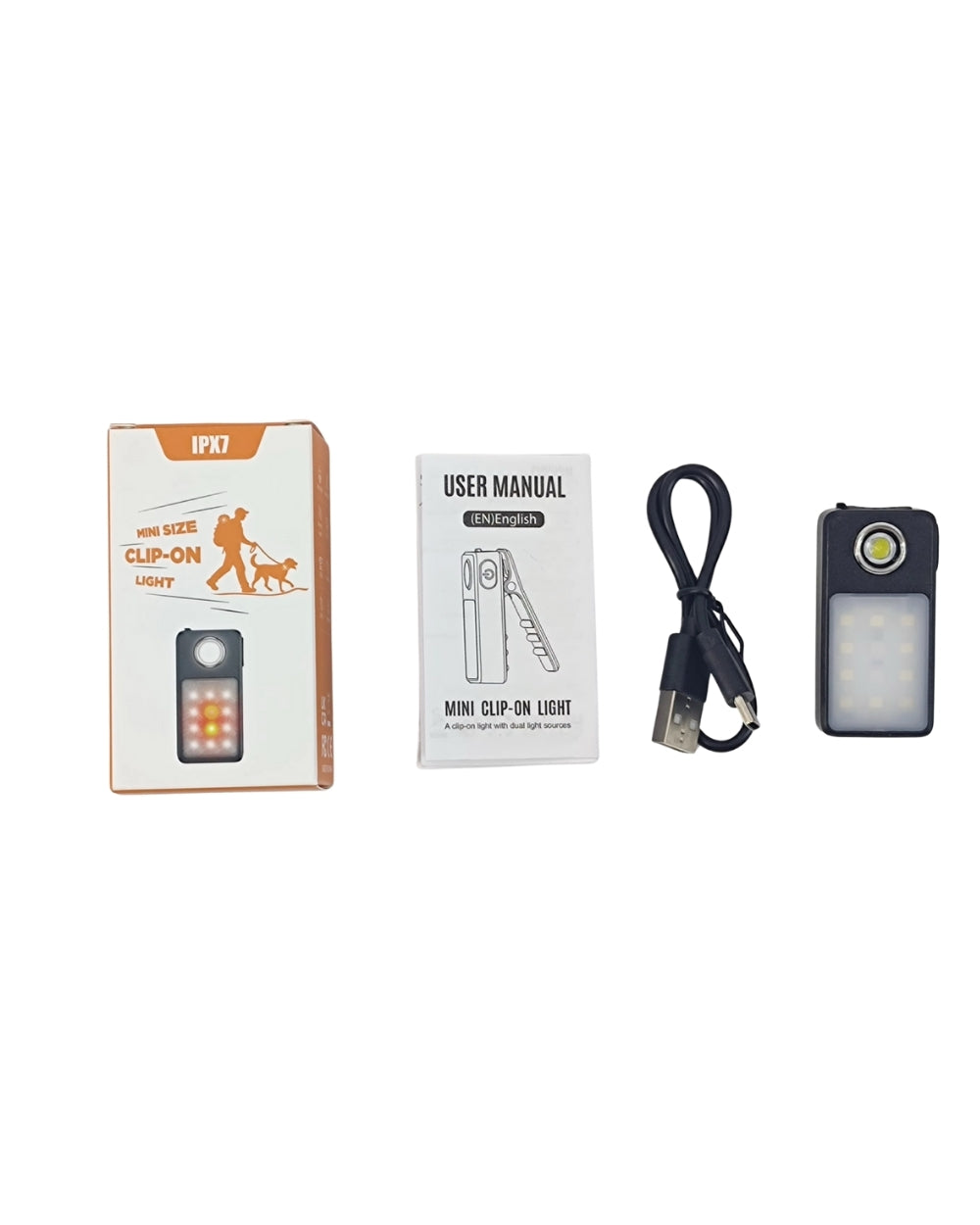 Clip-On Trail Light with packaging, manual, USB charging cable