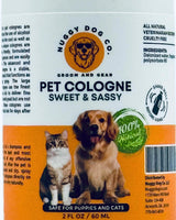 Pet cologne packaging with a dog and cat on an orange background