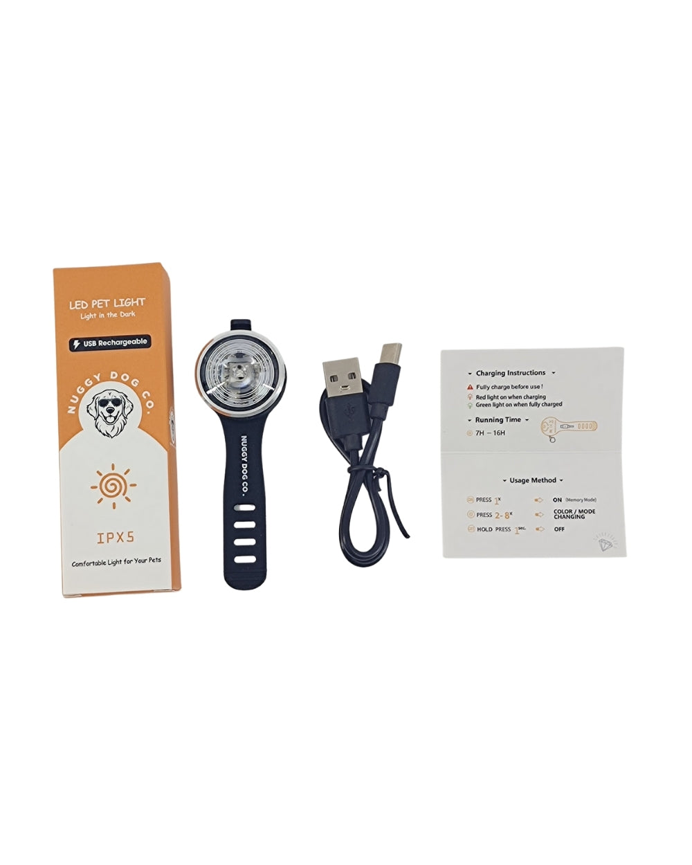 Full set of Nuggy Dog Co. Pet Light with USB charging cable