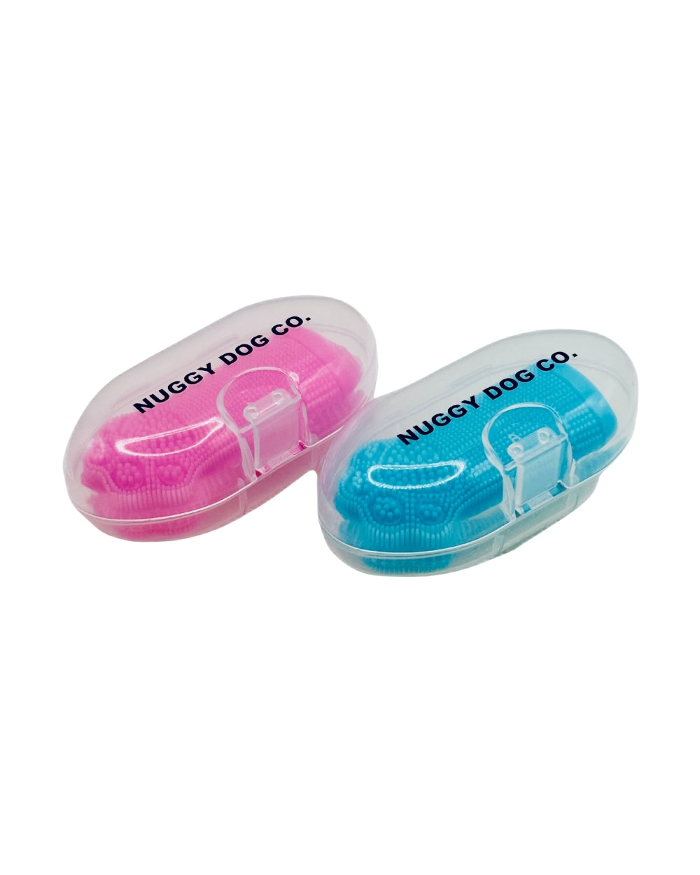 Soft silicone finger toothbrushes in blue and pink with storage cases