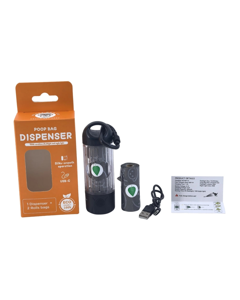 Poop bag dispenser set including dispenser, 2 rolls of bags, and USB charger.