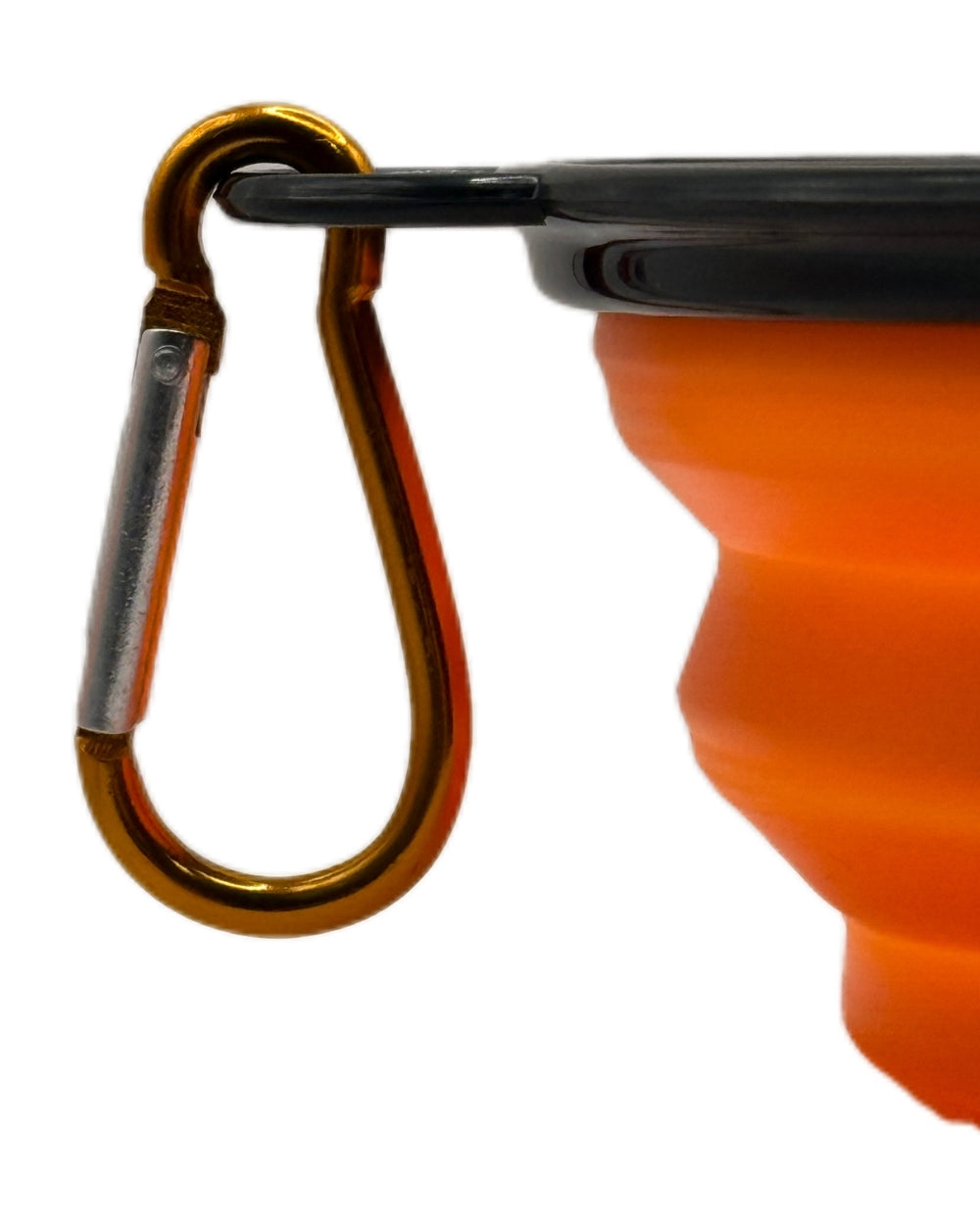 Side view of Nuggy Dog Co. Trail Bowl, collapsible silicone pet bowl with carabiner.