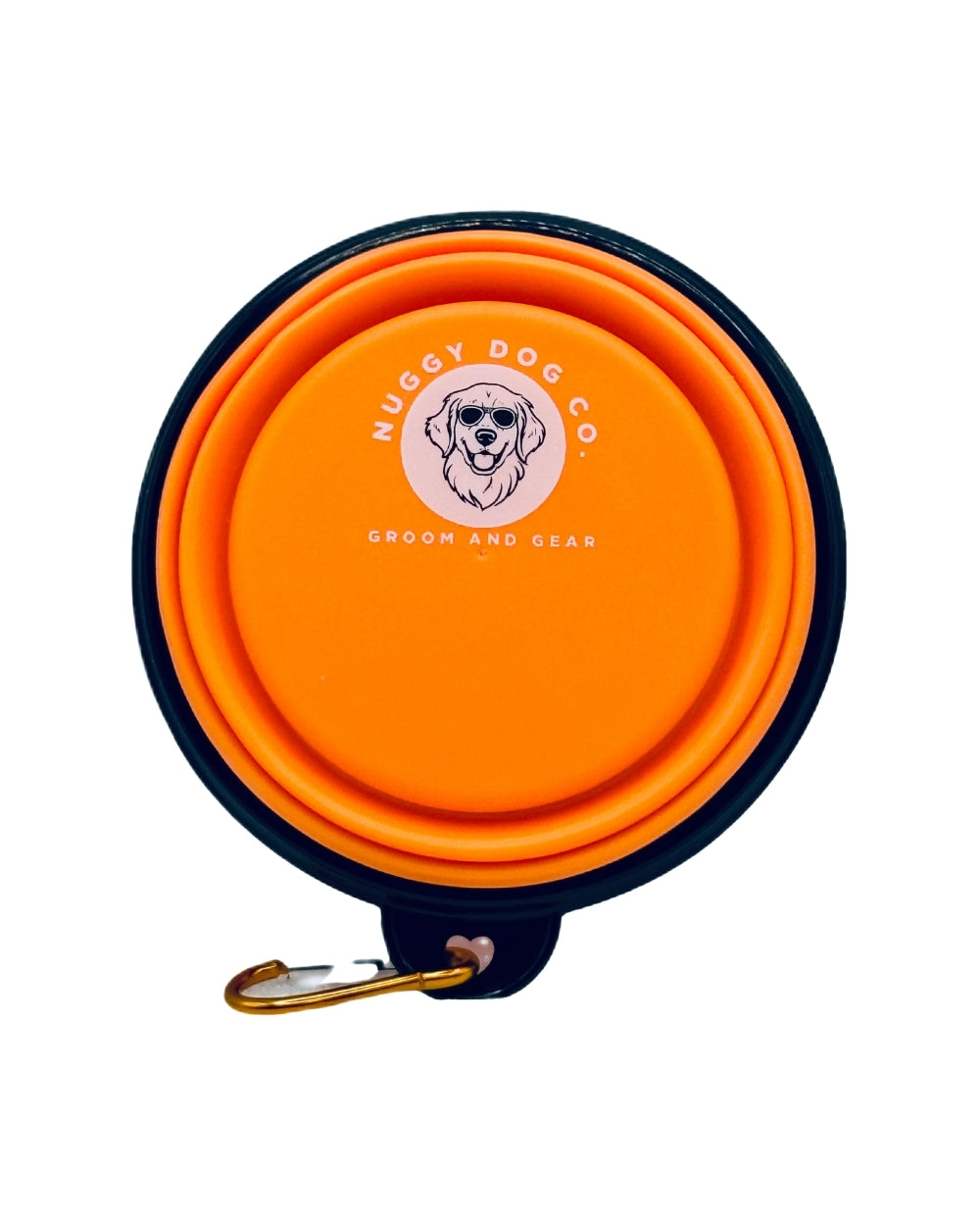 Top view of Nuggy Dog Co. Trail Bowl showing logo and collapsible design.