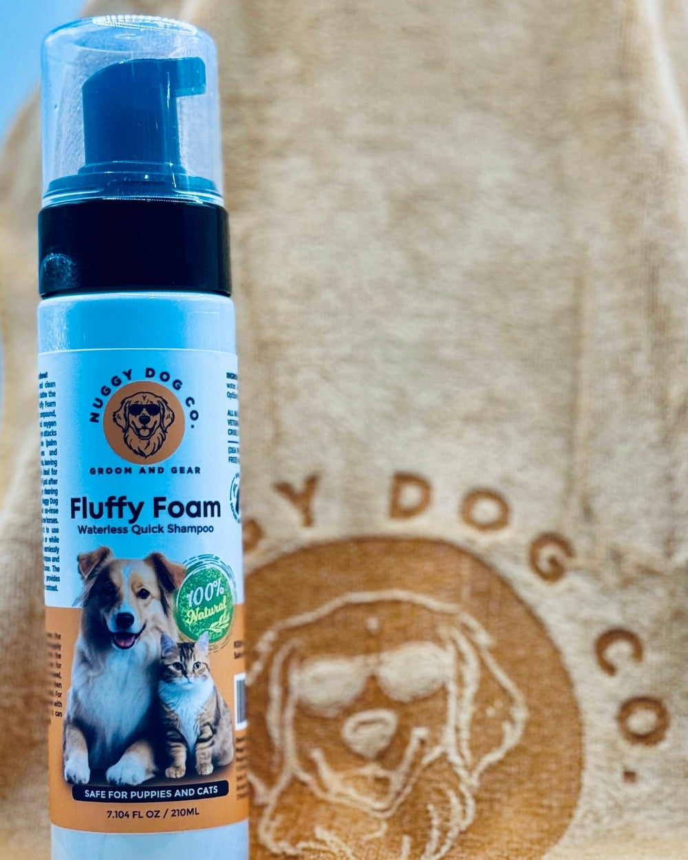 Natural waterless pet shampoo bottle with dog and cat illustration